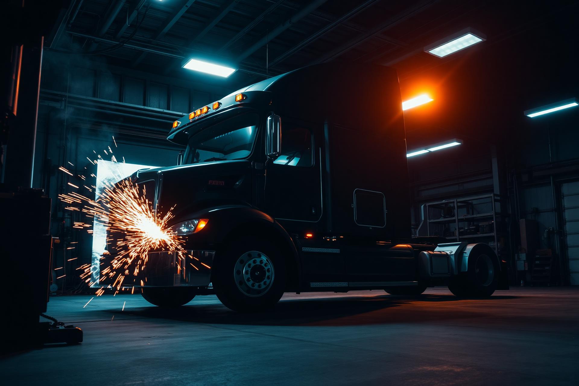 Heavy-duty semi truck being serviced in a professional repair garage